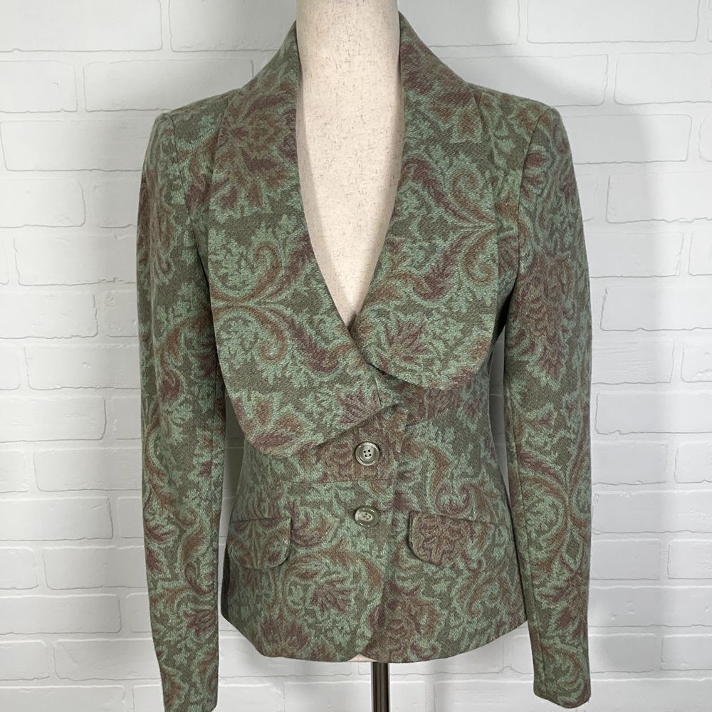 Morrissey Y? Blazer Women 6 Sage Green‎ Brown Scroll  Wide Shawl Wool USA VTG